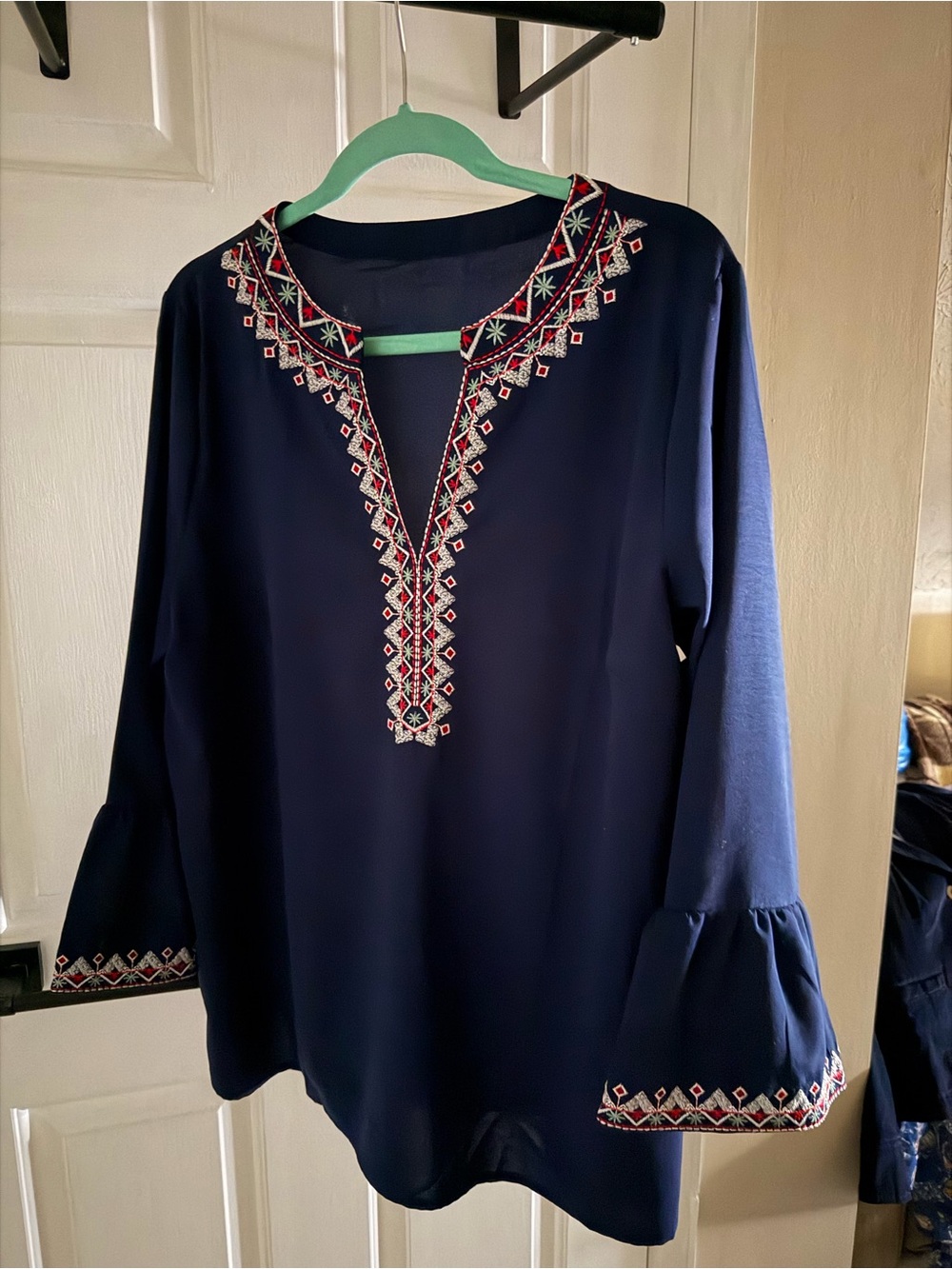 Embroidered Navy V-Neck Women's Top